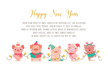 Fototapeta premium Happy New Year background template. Vector illustration of funny cute cartoon piggies in Christmas costumes, holding a garland and place for your text. Isolated on white.
