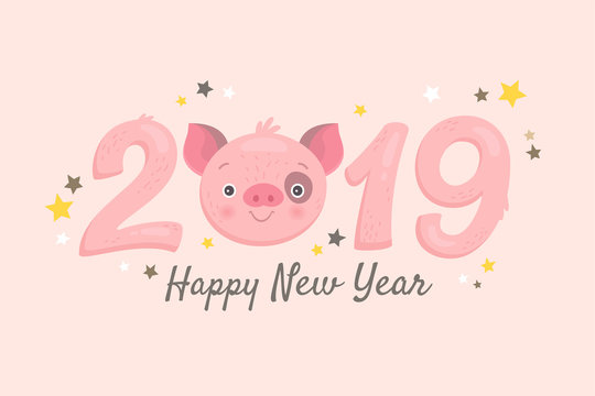 Happy New Year 2019 greeting card. Vector illustration of funny cute cartoon piggy face and pink stylized number of the year. Isolated on light pink background.