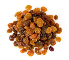 Bunch of raisins on a white. The view from the top.