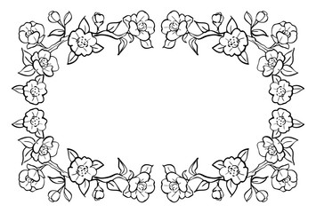 椿のフレーム　手描き　黒1色