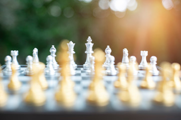 whit chess board game competition business concept with blur image fron and background