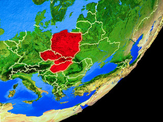 Visegrad Group on planet Earth with country borders and highly detailed planet surface.