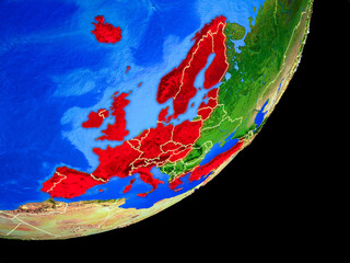 OECD European members on planet Earth with country borders and highly detailed planet surface.