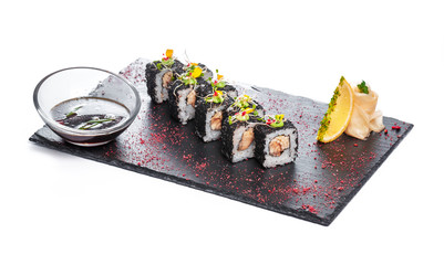 Black rectangle plate with sushi, isolated on white