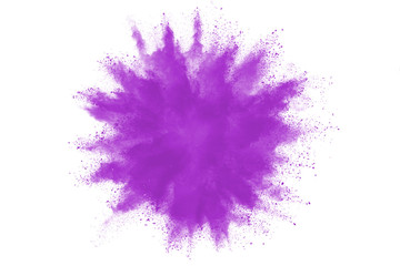 Freeze motion of purple color powder exploding on white background.