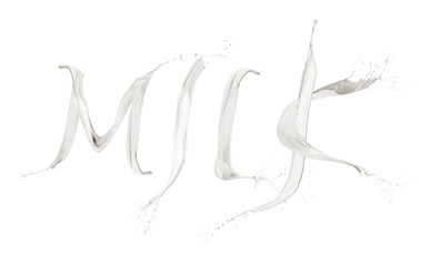 word milk written with splashing letters, isolated on white background