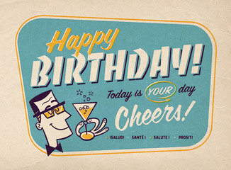 Vintage Style Happy Birthday Card Illustration with Retro Prepress Effects - Cheers!