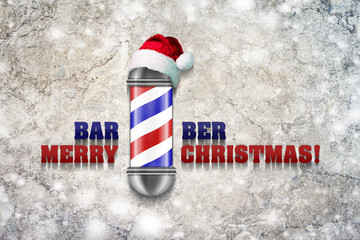 Barber Pole with Santa Claus hat on a gray background. Inscription, Barber Merry Christmas. Greeting card Happy New Year and Merry Christmas for a hairdresser and barber shop.
