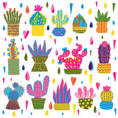 Set of different cactuses on white background. Doodle cactus collection.