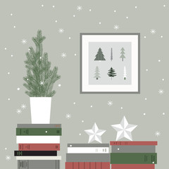 Christmas card with Christmas Tree, books, stars and snowflakes