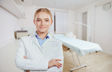 Cosmetologist, doctor woman on the background of the office. 