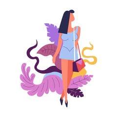 Fashion woman modeling , walking straight, foliage decor elements vector.