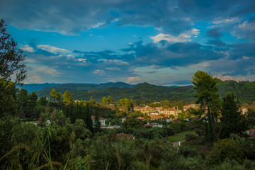 vivid colors exotic south America highland village panorama landscape in jungle hill nature environment in evening clear weather time before sunset