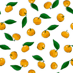 Mandarines, tangerine, clementine with leaves isolated on white background. Vector seamless pattern. Hand drawn fresh tropical citrus fruit. Colorful doodle wallpaper