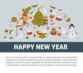2019 New year celebration, bunny with snowman winter character vector.