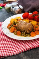 Beef meat stewed with potatoes-Traditional French cuisine Beef Bourguignon potatoes carrots in persillade