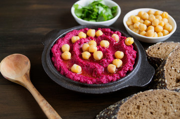 Proper diet. beetroot hummus with rye bread.