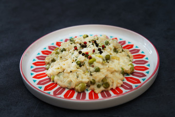 risotto with fresh cream, salted chicken, rehydrated ceps and mushrooms