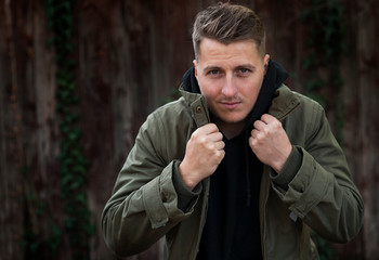 portrait glamorous fashionable happy casual man isolated, making,