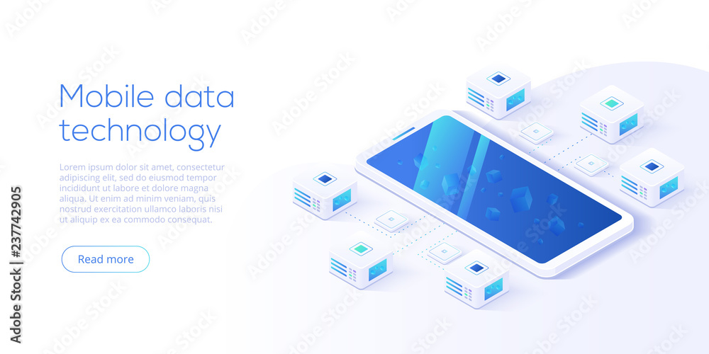 Sticker mobile data processing technology in isometric vector illustration. information storage and analysis