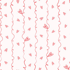 Modern red and white hand drawn doodle lines and hearts geometric design.  Vector seamless pattern on pastel pink background. Vertical linear geometric style. Fab for Valentines day, stationery.