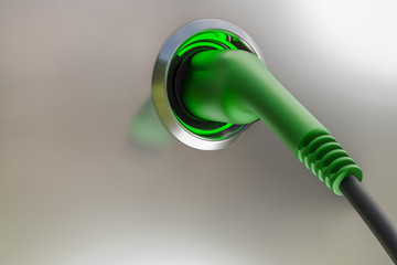 3d rendering of Charging modern electric car green handle power cable supply plugged in at the station.