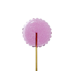 transparent purple lollipop on a wooden stick on a white background