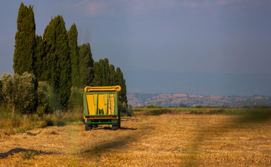 Grosseto, Italy July 29, 2018: Tuscan landscape and tractor.