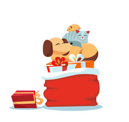 Red Santa Claus bag with christmas presents on white background with cat sleeps on dog, hamster sleeps on cat. Multicolored gift boxes are decorated with bows. Flat cartoon style vector illustration.