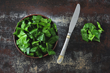 Bowl with chopped spinach. Flat lay.