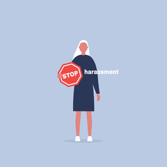Stop harassment. Conceptual illustration. Young female character holding a Stop road sign. Flat editable vector cartoon, clip art - obrazy, fototapety, plakaty