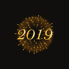 2019 Happy New Year background with number and golden glitter. Gold number 2019 and text happy new year, vector design template. Greeting card design
