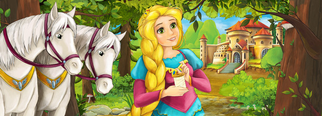 Cartoon nature scene with beautiful castle near the forest with beautiful young princess and horses - illustration for the children
