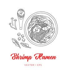 Hand drawn vector shrimp Ramen sketch, made of mushroom, tofu and spinach. Asian seafood noodle soup with oriental spoon, simple line drawing menu decoration.