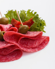 delicious sliced salami on a white background