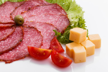 delicious sliced salami on a white background