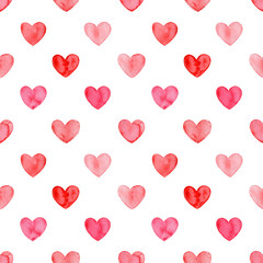 Valentines day, aquarelle illustration. Seamless pattern with bright hand painted watercolor hearts. Romantic decorative background for Valentine's day gift paper, wedding decor or fabric textile.