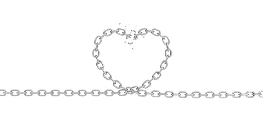 3d rendering of a metal chain laid in a head shape with several links broken.