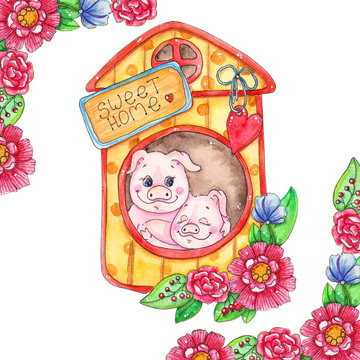 Sweet home piggy illustration.