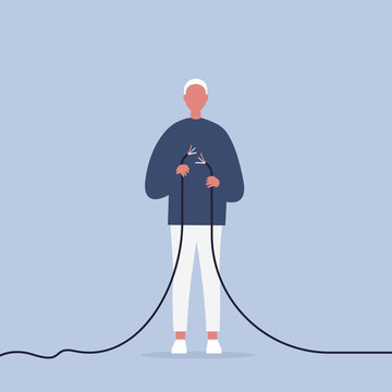 recommend clip art: Problems in communication. Young male character trying to fix the torn wire / flat editable illustration, clip art