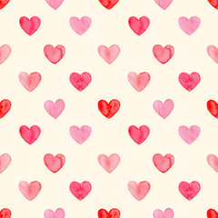 Valentines day, aquarelle illustration. Seamless pattern with bright hand painted watercolor hearts. Romantic decorative background for Valentine's day gift paper, wedding decor or fabric textile.