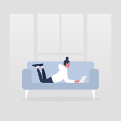 Young female manager lying on the sofa with the laptop. Modern office. Freelance. Daily routine. Millennial lifestyle. Flat editable vector illustration, clip art