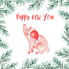 Obraz premium Frame with watercolor New Year tree and cute pig.