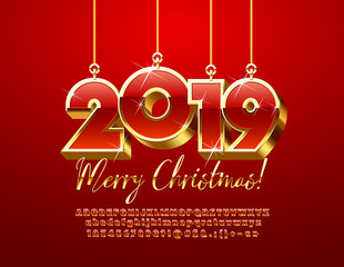 Vector sparkling greeting card Merry Christmas 2019. Chic Red and Golden Alphabet Letters, Numbers and Symbols. Stylish Font with Stars.