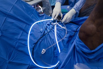 Female surgeon examining a horse in operation theatre
