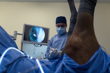 Female surgeon examining a horse in operation theatre