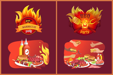 Barbecue Grill Party Emblems in Flame and Food