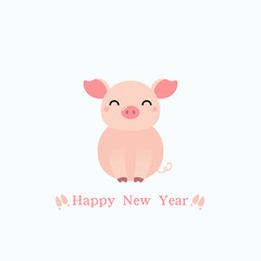 2019 Chinese New Year greeting card with cute pig, hoof print, text. Isolated objectson on white background. Vector illustration. Design concept holiday banner, decorative element.