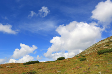 Clouds over meadow on mountain slope