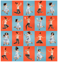 Freedom in moving. pretty happy young woman jumping and gesturing against colorful studio background. Runnin girl in motion or movement. Human emotions and facial expressions concept. Collage